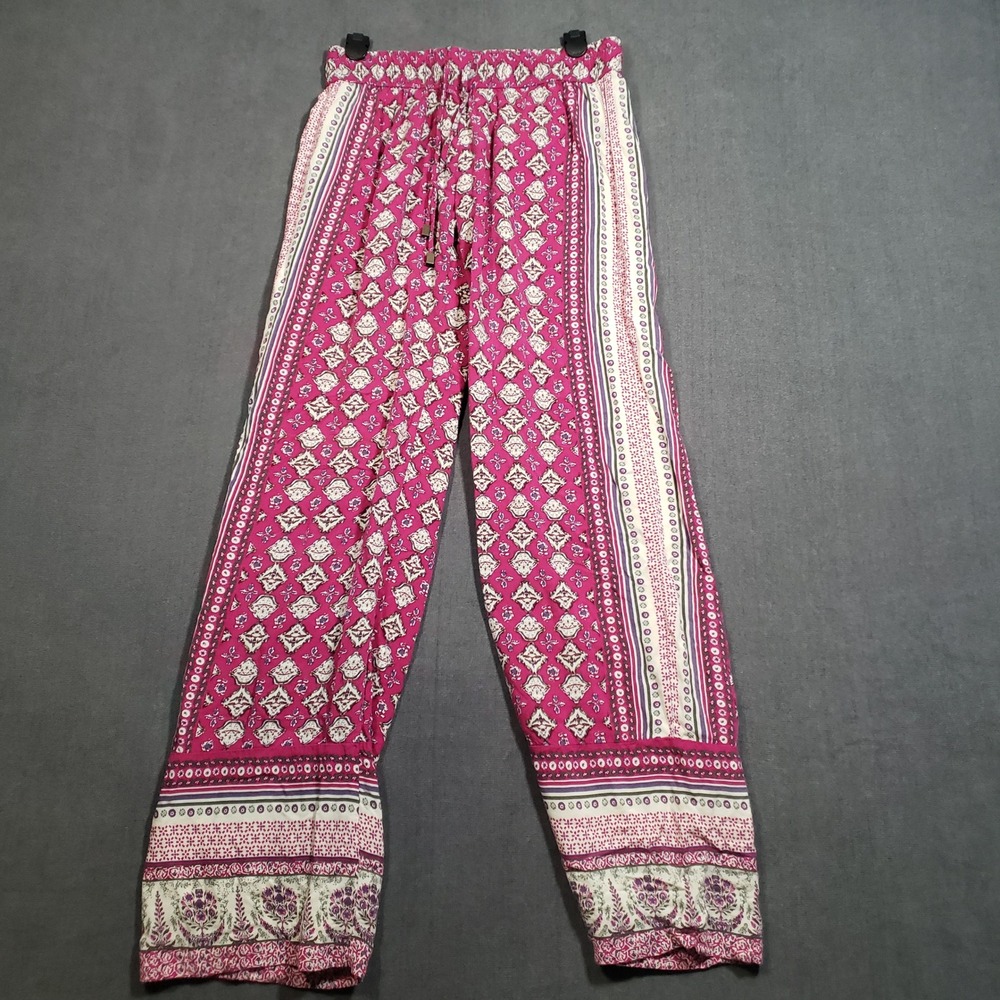 Lucy & Laurel Wide Leg‎ Pants Womens XS Pink Boho Medallion Rayon Drawstring